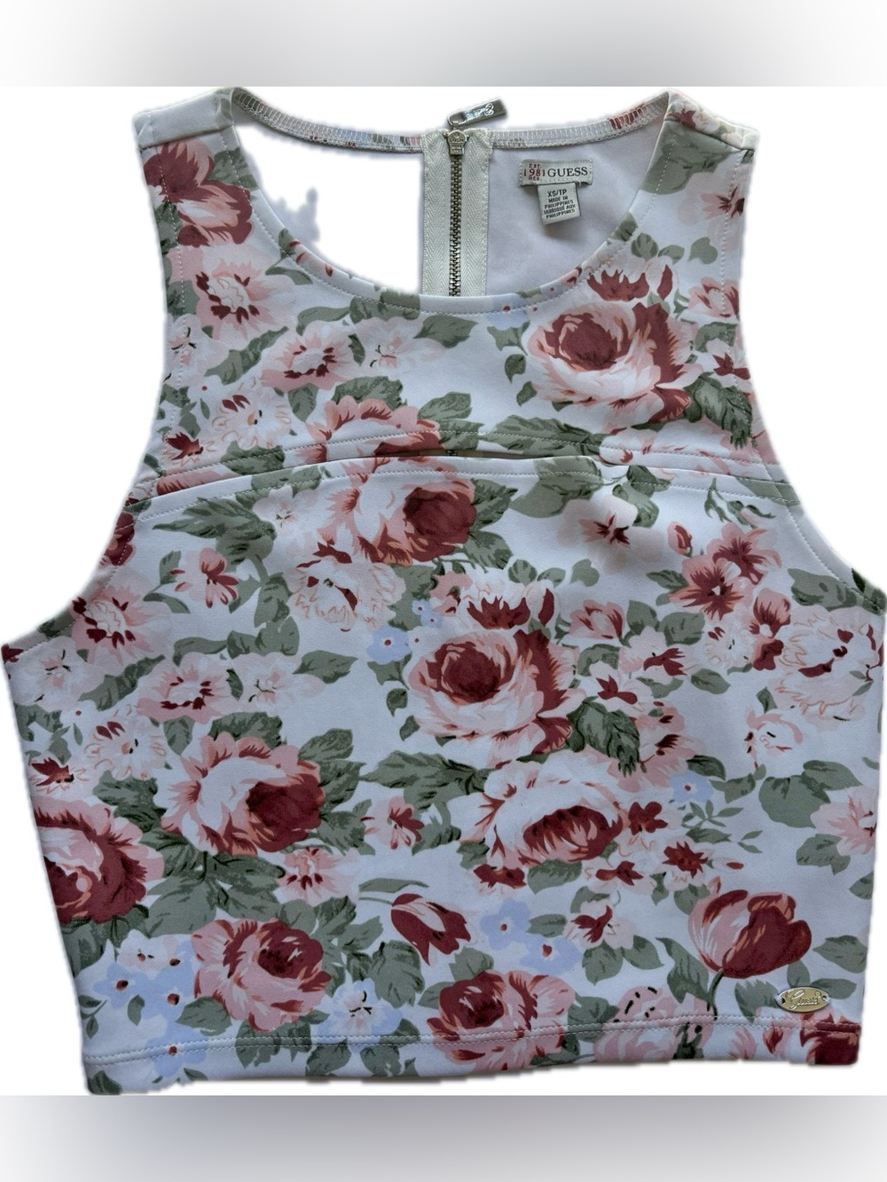**GUESS Est. 1981 Floral Scuba-Knit Cutout Crop Top**